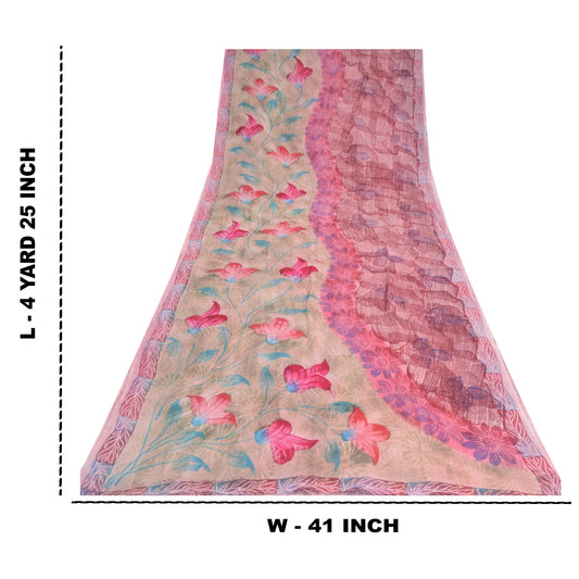 Sanskriti Vintage Sari 100% Pure Georgette Purple Printed Saree 5 Yd Craft Fabric Floral Recycled For Quilting Felting, Home Decor