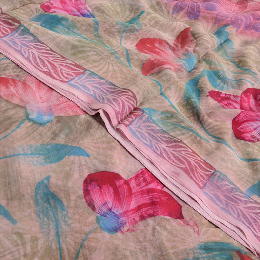 Sanskriti Vintage Sari 100% Pure Georgette Purple Printed Saree 5 Yd Craft Fabric Floral Recycled For Quilting Felting, Home Decor