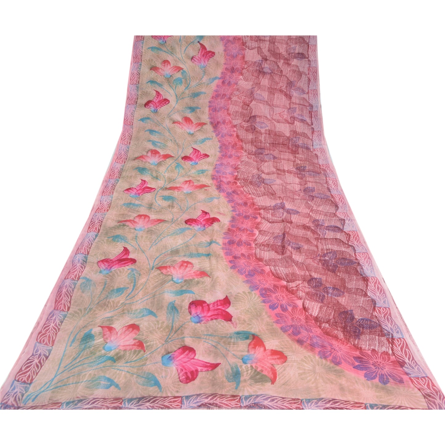 Sanskriti Vintage Sari 100% Pure Georgette Purple Printed Saree 5 Yd Craft Fabric Floral Recycled For Quilting Felting, Home Decor