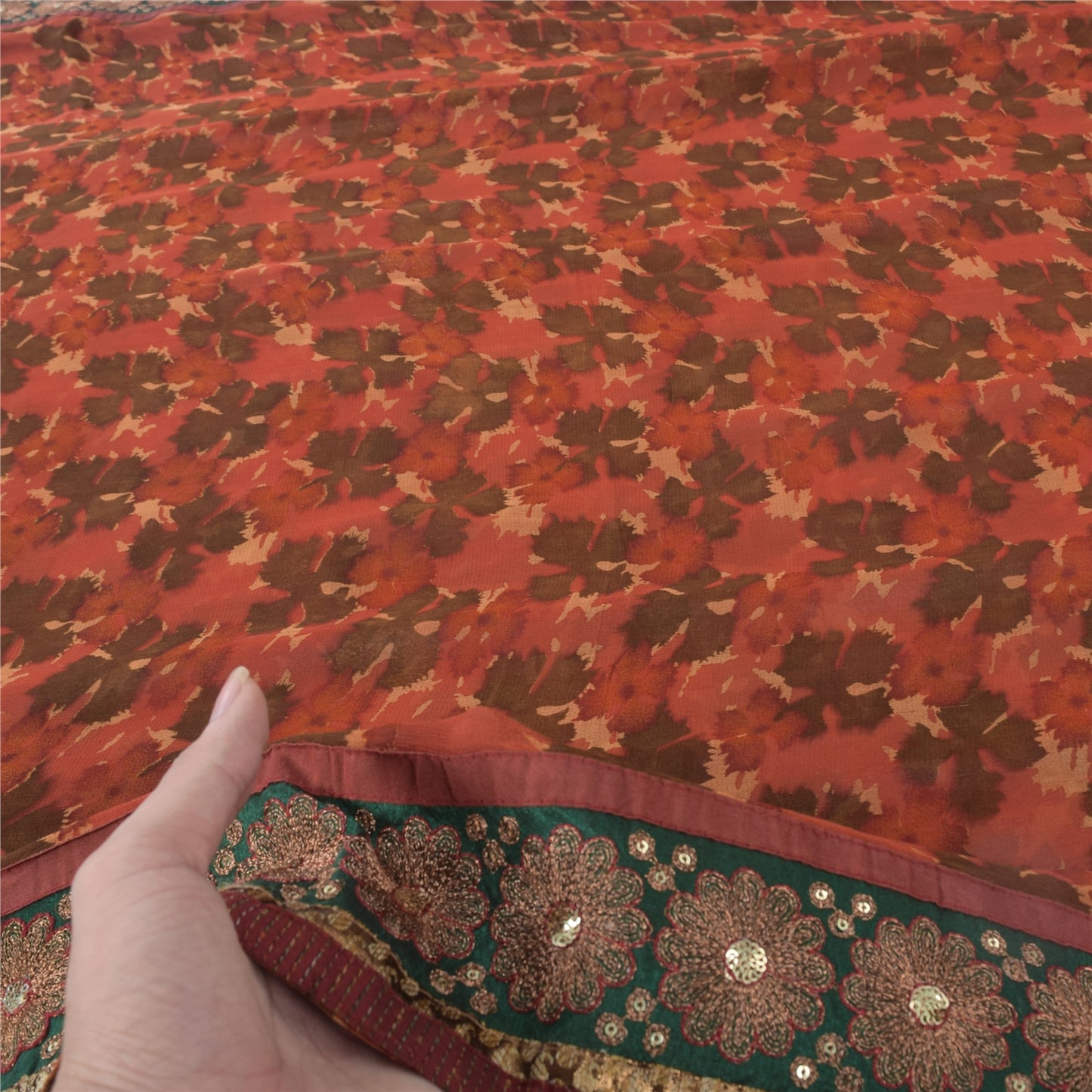 Sanskriti Vintage 100% Pure Georgette Silk Orange Printed Sarees 5 Yd Craft Fabric Bohemian Fabric For Dressmaking,Upcyclers