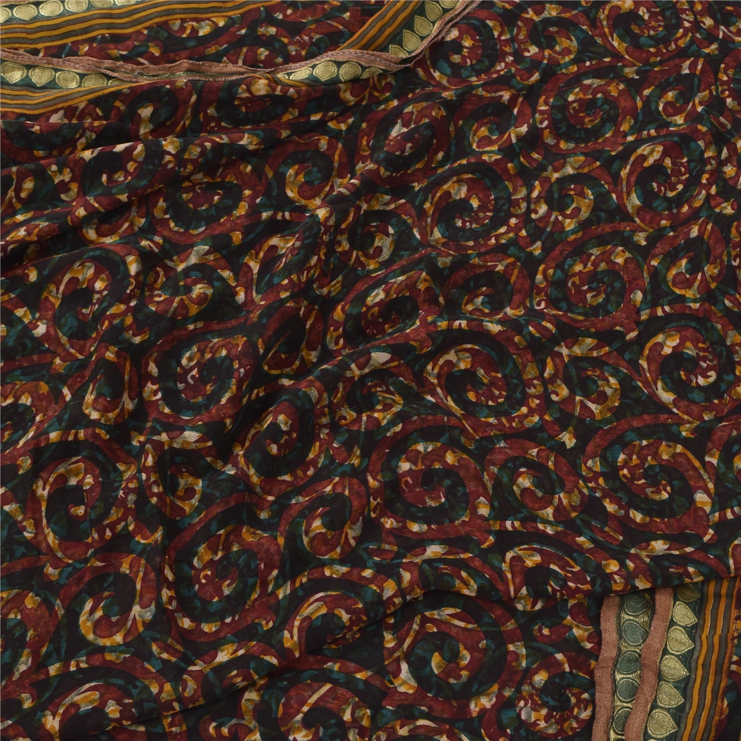 Sanskriti Vintage Saree 100% Pure Chiffon Silk Soft Brown 5.5+Yard Saree Floral Printed Zari Border Craft Fabric Indian Textile Heritage