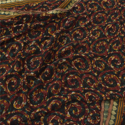 Sanskriti Vintage Saree 100% Pure Chiffon Silk Soft Brown 5.5+Yard Saree Floral Printed Zari Border Craft Fabric Indian Textile Heritage
