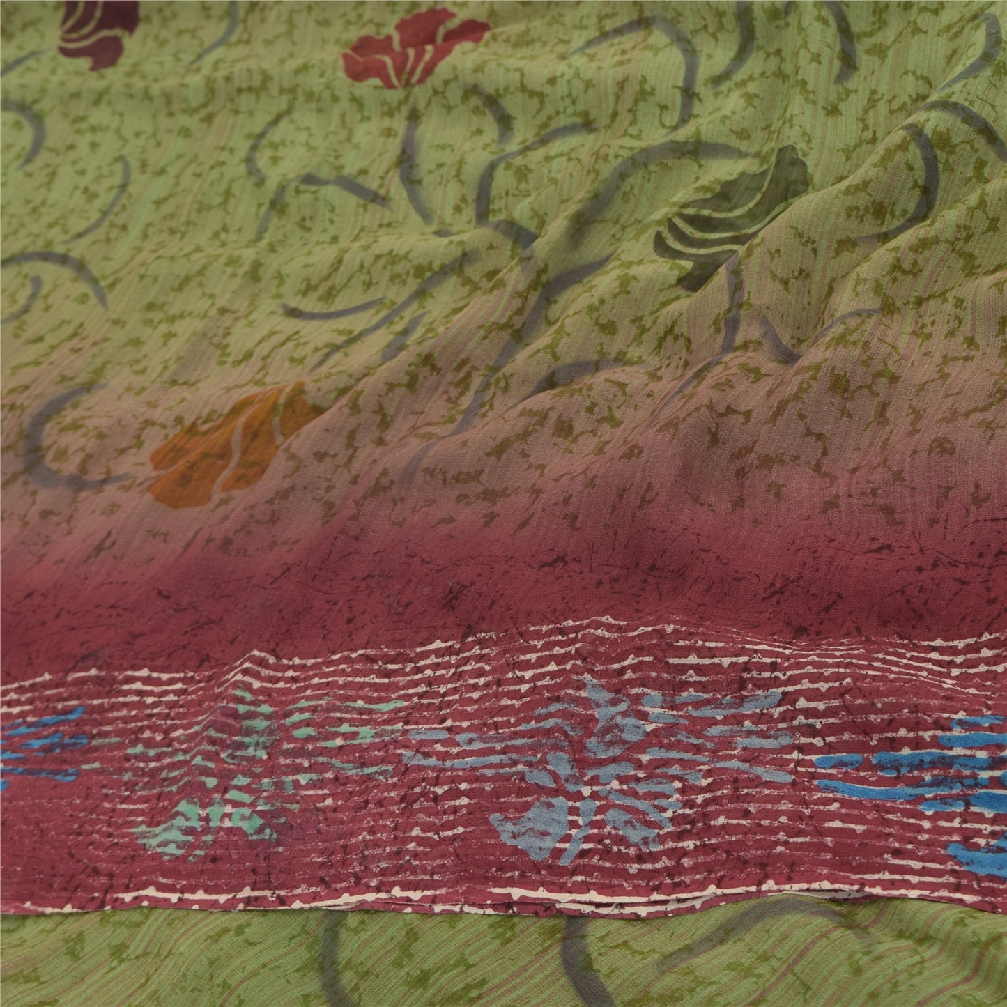 Sanskriti Vintage 100% Pure Georgette Silk Purple/Green Printed Sarees 5 Fabric For Crafting, Upcycling, or Even Wearing