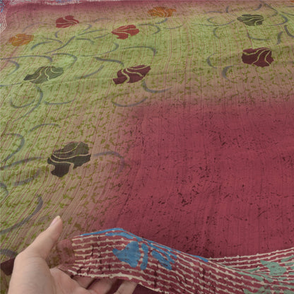 Sanskriti Vintage 100% Pure Georgette Silk Purple/Green Printed Sarees 5 Fabric For Crafting, Upcycling, or Even Wearing