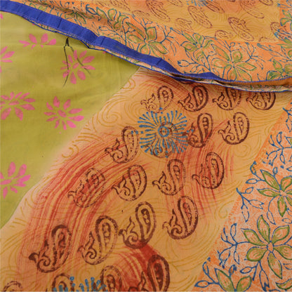 Sanskriti Vintage Sari 100% Pure Georgette Silk Saffron Printed Sarees 5 Yd Craft Fabric For Crafting, Upcycling, or Even Wearing