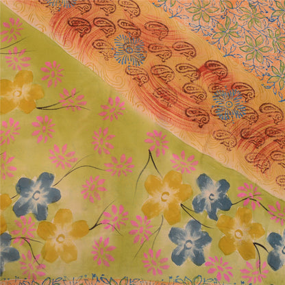 Sanskriti Vintage Sari 100% Pure Georgette Silk Saffron Printed Sarees 5 Yd Craft Fabric For Crafting, Upcycling, or Even Wearing