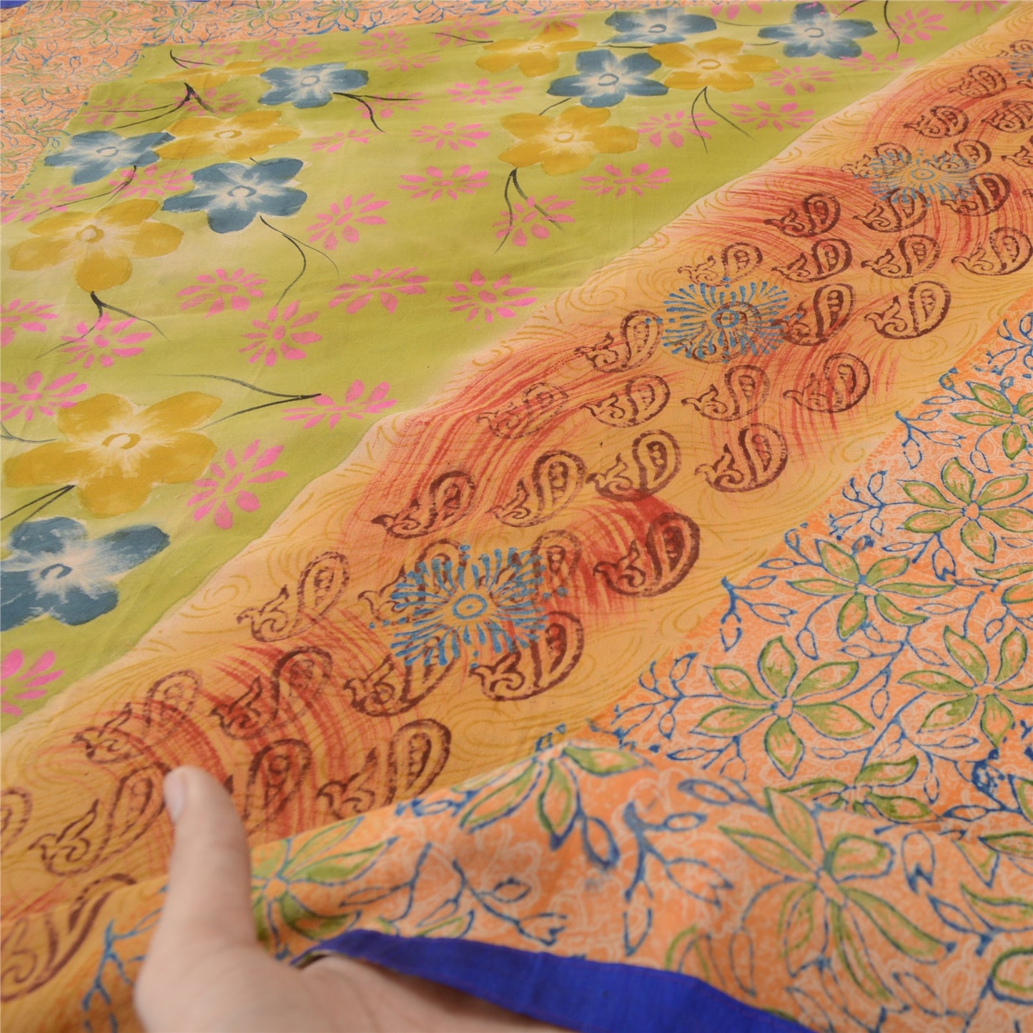 Sanskriti Vintage Sari 100% Pure Georgette Silk Saffron Printed Sarees 5 Yd Craft Fabric For Crafting, Upcycling, or Even Wearing