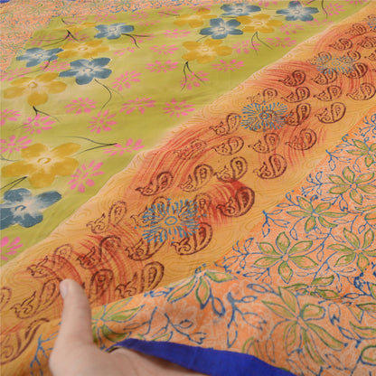 Sanskriti Vintage Sari 100% Pure Georgette Silk Saffron Printed Sarees 5 Yd Craft Fabric For Crafting, Upcycling, or Even Wearing