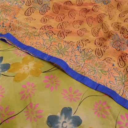 Sanskriti Vintage Sari 100% Pure Georgette Silk Saffron Printed Sarees 5 Yd Craft Fabric For Crafting, Upcycling, or Even Wearing
