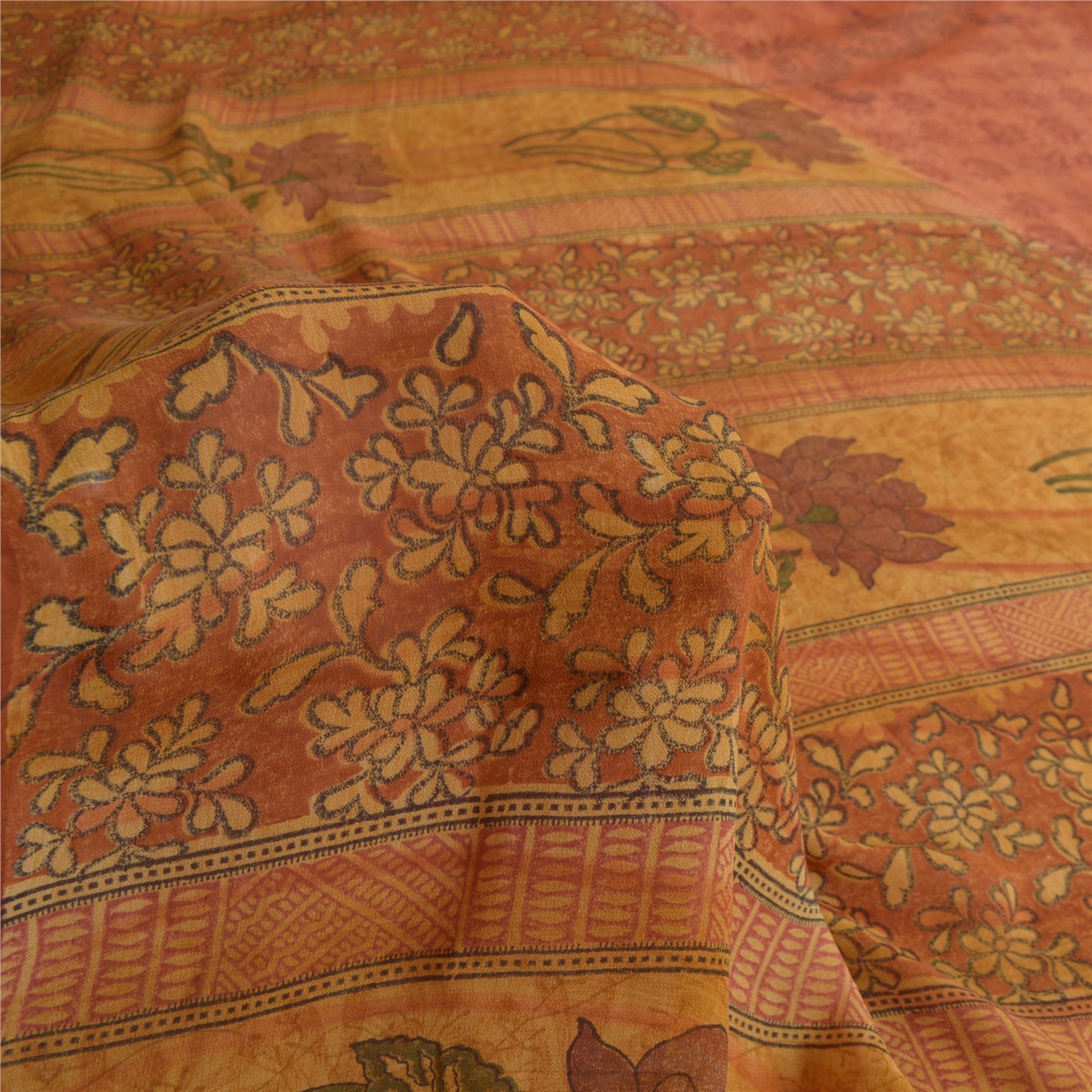 Sanskriti Vintage Peach Sarees Ren Georgette Silke Trykt Sari Håndværk Bæredygtigt Stoff