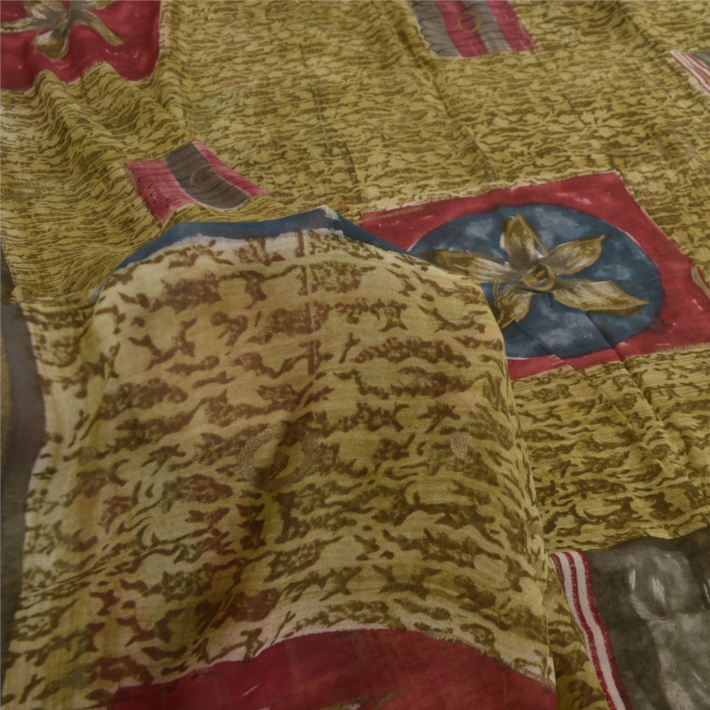 Sanskriti Vintage Sari Blend Georgette Green Indian Sarees Printed 5 Yd Craft Fabric Home Decor, Women Floral Outfit, Silk Scrap