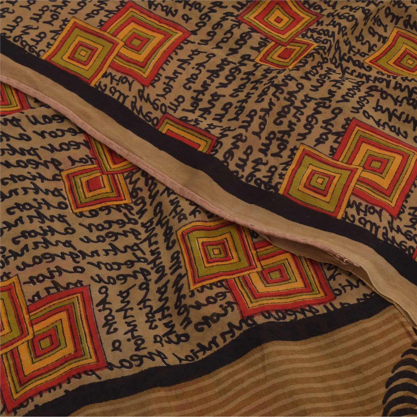 Sanskriti Vintage Pure Georgette Silk Saree: Brown Geometric & Abstract Print Fabric 5 YD Home Decor, Women Floral Outfit, Silk Scrap