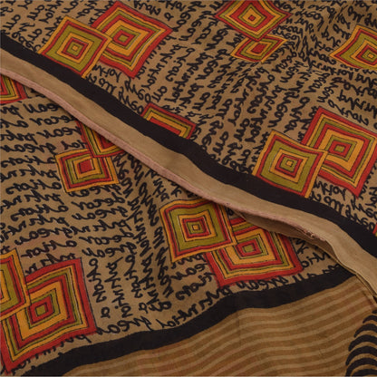 Sanskriti Vintage Pure Georgette Silk Saree: Brown Geometric & Abstract Print Fabric 5 YD Home Decor, Women Floral Outfit, Silk Scrap