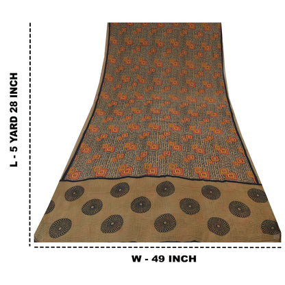 Sanskriti Vintage Pure Georgette Silk Saree: Brown Geometric & Abstract Print Fabric 5 YD Home Decor, Women Floral Outfit, Silk Scrap
