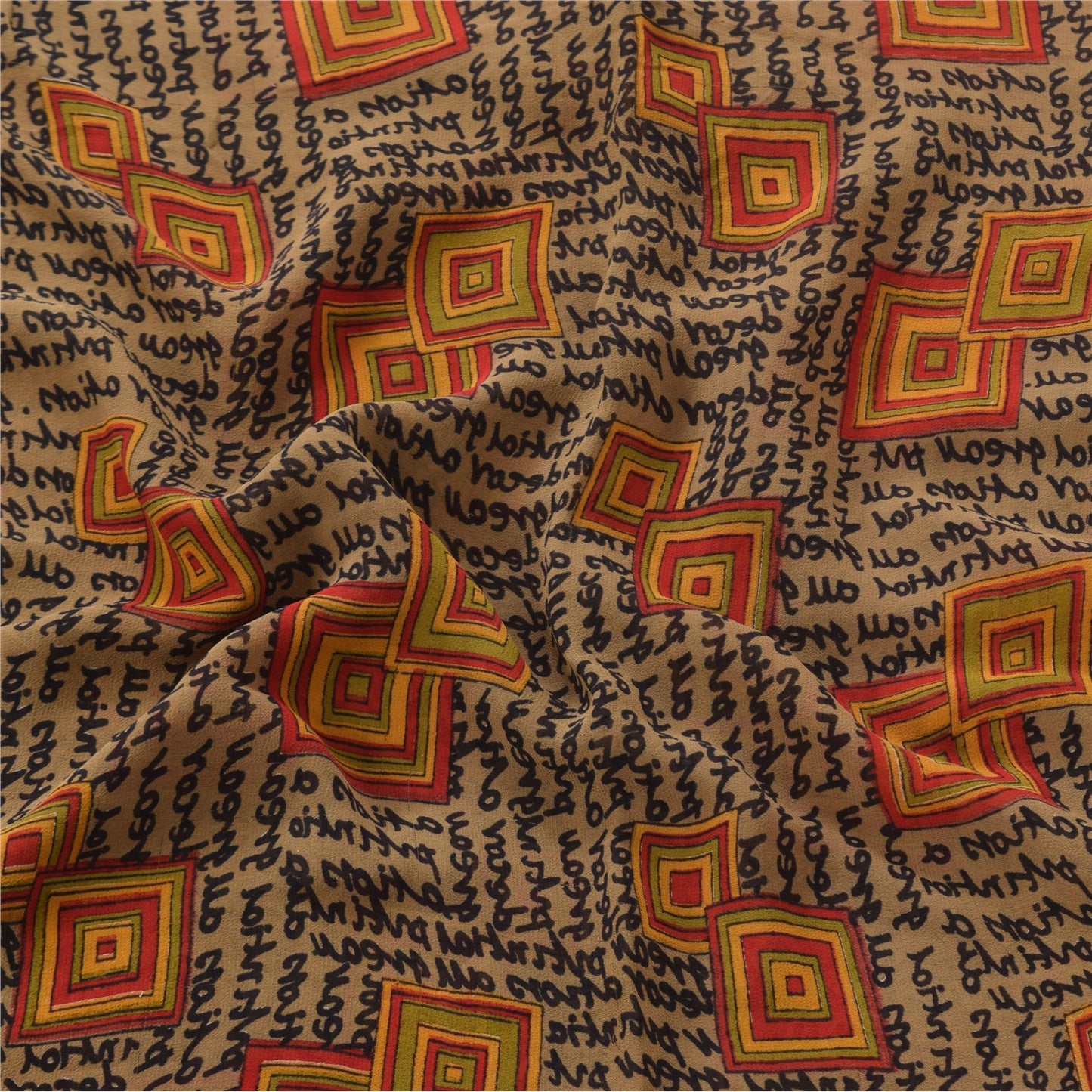 Sanskriti Vintage Pure Georgette Silk Saree: Brown Geometric & Abstract Print Fabric 5 YD Home Decor, Women Floral Outfit, Silk Scrap