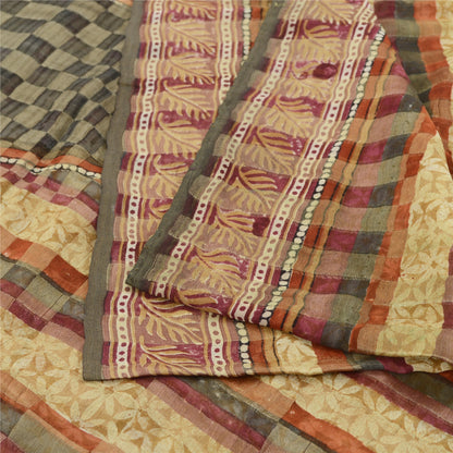 Sanskriti Vintage 100% Pure Georgette Silk Brown Saree Floral Printed 6 Yd Craft Fabric Floral Recycled For Quilting Felting, Home Decor