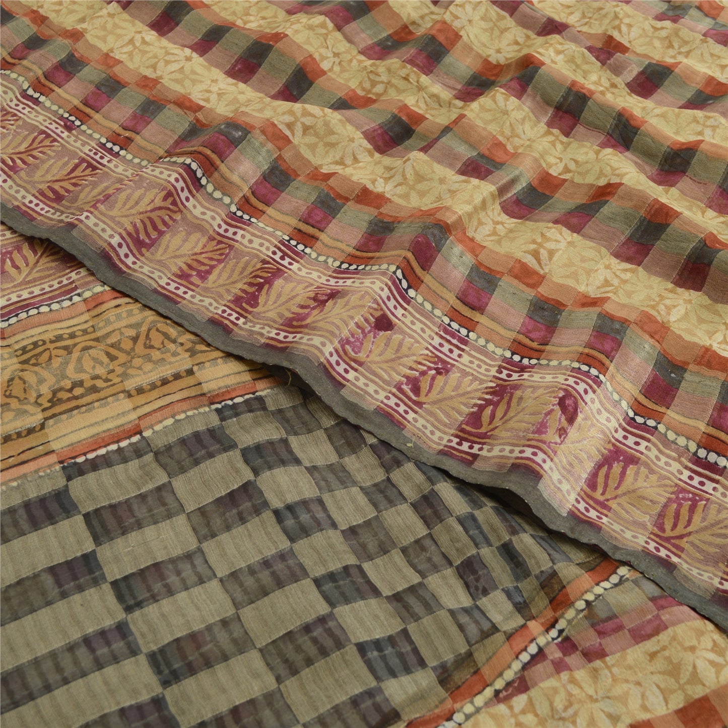 Sanskriti Vintage 100% Pure Georgette Silk Brown Saree Floral Printed 6 Yd Craft Fabric Floral Recycled For Quilting Felting, Home Decor