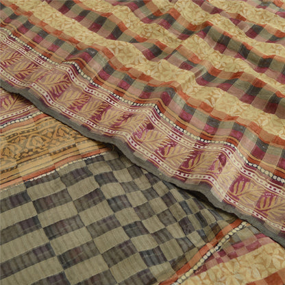 Sanskriti Vintage 100% Pure Georgette Silk Brown Saree Floral Printed 6 Yd Craft Fabric Floral Recycled For Quilting Felting, Home Decor