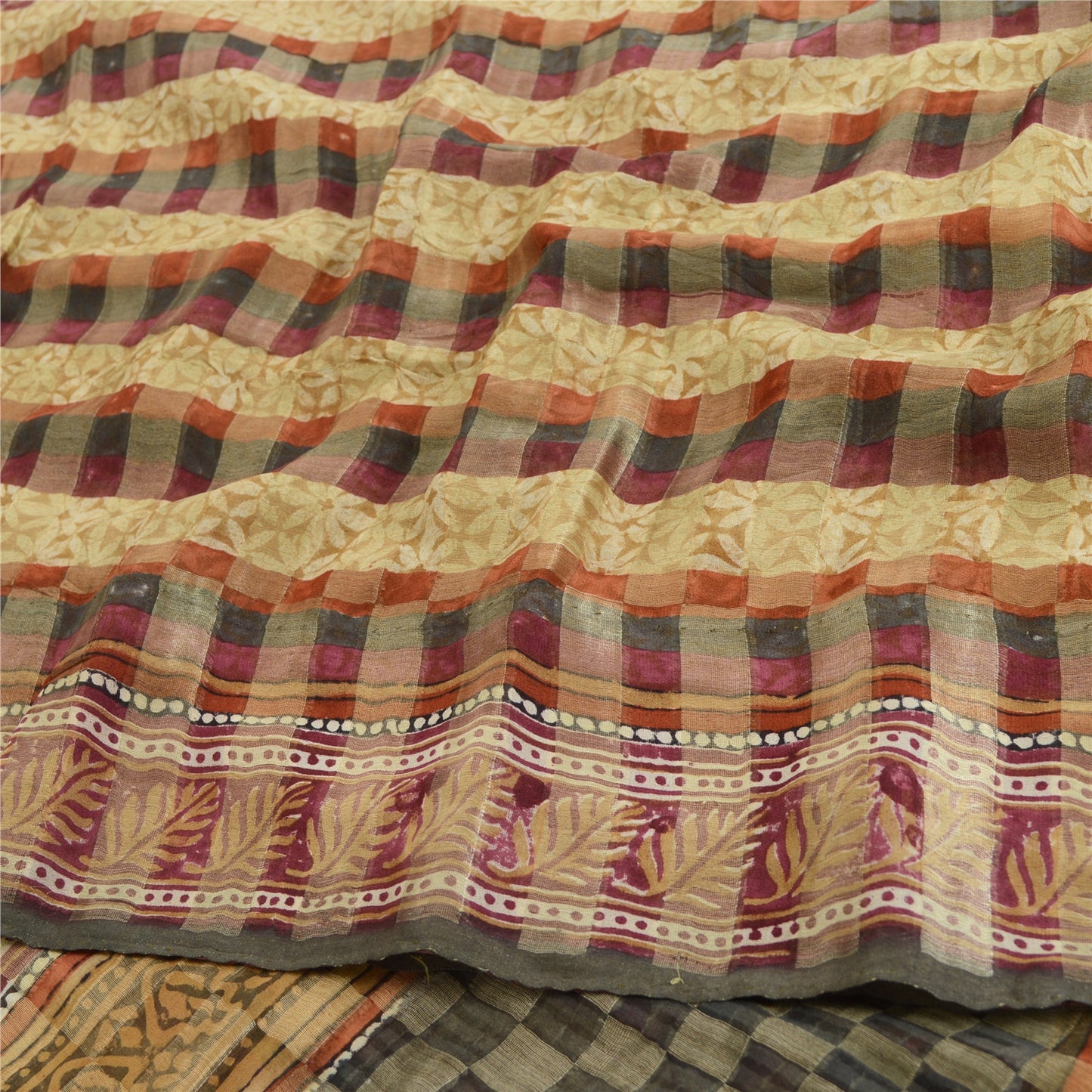 Sanskriti Vintage 100% Pure Georgette Silk Brown Saree Floral Printed 6 Yd Craft Fabric Floral Recycled For Quilting Felting, Home Decor