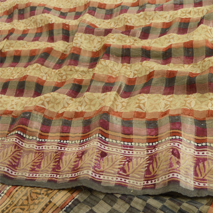Sanskriti Vintage 100% Pure Georgette Silk Brown Saree Floral Printed 6 Yd Craft Fabric Floral Recycled For Quilting Felting, Home Decor