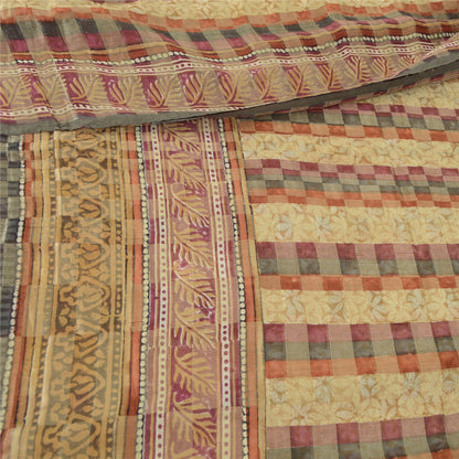 Sanskriti Vintage 100% Pure Georgette Silk Brown Saree Floral Printed 6 Yd Craft Fabric Floral Recycled For Quilting Felting, Home Decor