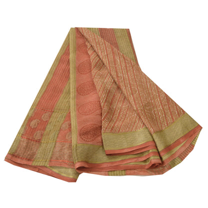 Sanskriti Vintage Orange Sarees Printed Sari Pure Georgette Silk Craft Fabric