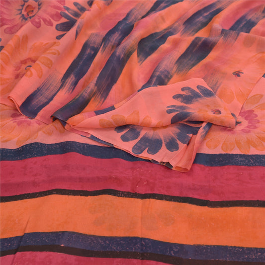Sanskriti Vintage Peach Sarees Pure Georgette Silk Printed Sari 5Yd Craft Fabric