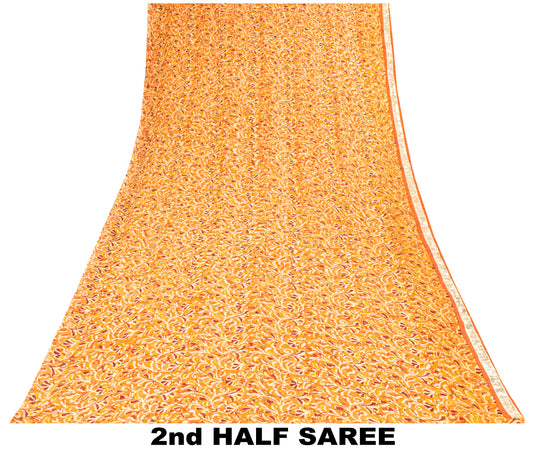 Sanskriti Vintage Saree Orange Pure Georgette Print-Mukesh Work Sari 5.5Yd Craft