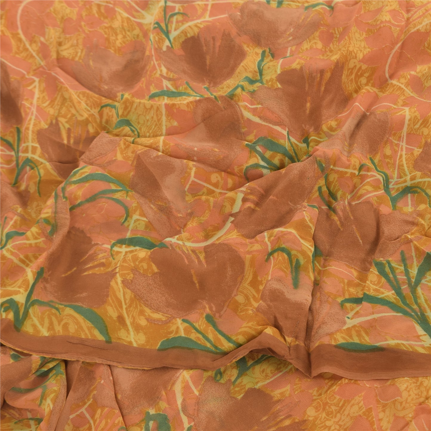 Sanskriti Vintage Yellow Sarees Printed Sari Blend Georgette Sewing 5Yd Sustainable Fabric