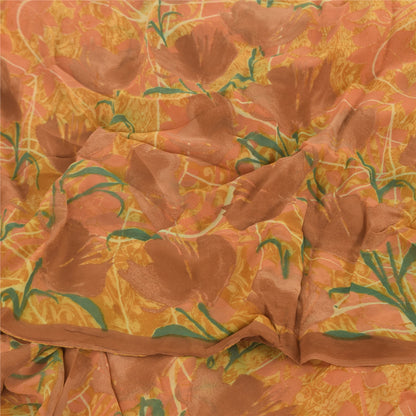 Sanskriti Vintage Yellow Sarees Printed Sari Blend Georgette Sewing 5Yd Sustainable Fabric