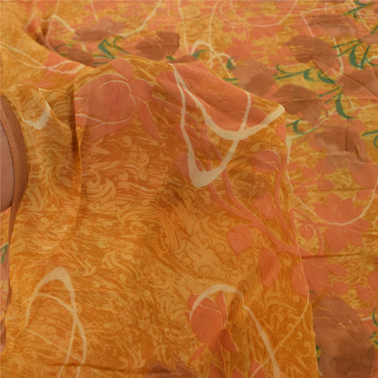 Sanskriti Vintage Yellow Sarees Printed Sari Blend Georgette Sewing 5Yd Sustainable Fabric