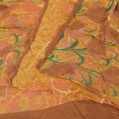 Sanskriti Vintage Yellow Sarees Printed Sari Blend Georgette Sewing 5Yd Sustainable Fabric