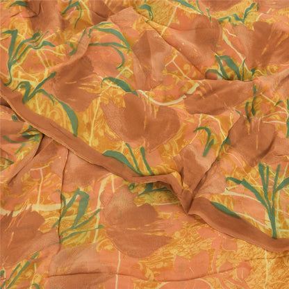 Sanskriti Vintage Yellow Sarees Printed Sari Blend Georgette Sewing 5Yd Sustainable Fabric