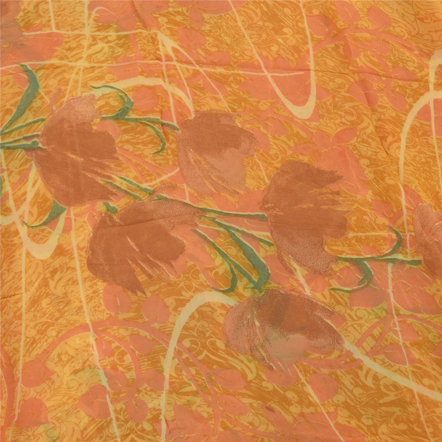 Sanskriti Vintage Yellow Sarees Printed Sari Blend Georgette Sewing 5Yd Sustainable Fabric