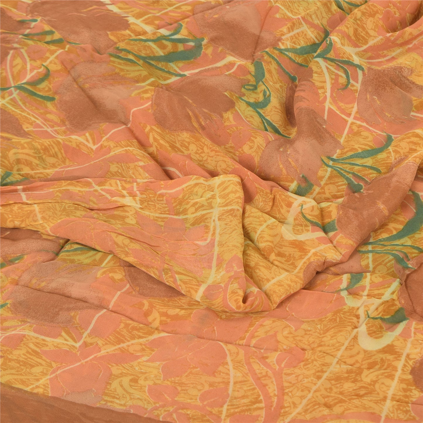 Sanskriti Vintage Yellow Sarees Printed Sari Blend Georgette Sewing 5Yd Sustainable Fabric