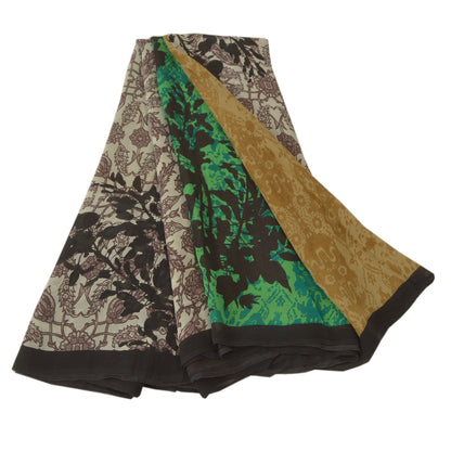 Sanskriti Vintage Sarees Green Printed Sari Pure Georgette Silk 5YD Craft Fabric