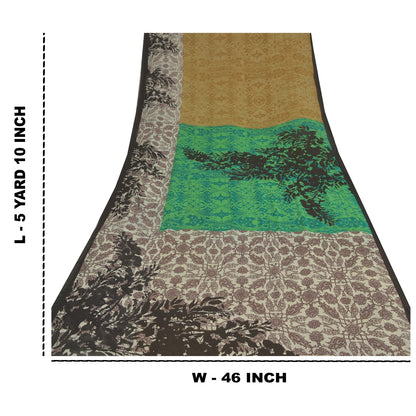 Sanskriti Vintage Sarees Green Printed Sari Pure Georgette Silk 5YD Craft Fabric