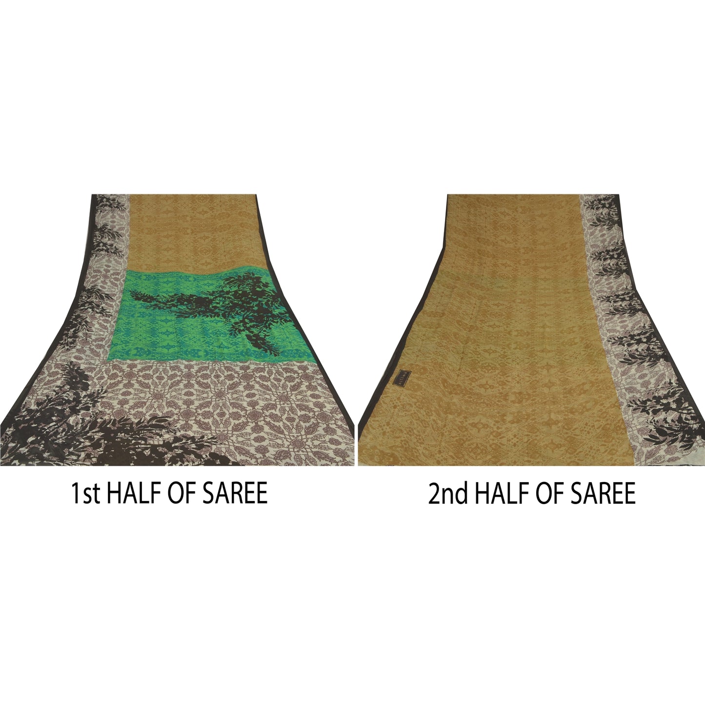 Sanskriti Vintage Sarees Green Printed Sari Pure Georgette Silk 5YD Craft Fabric