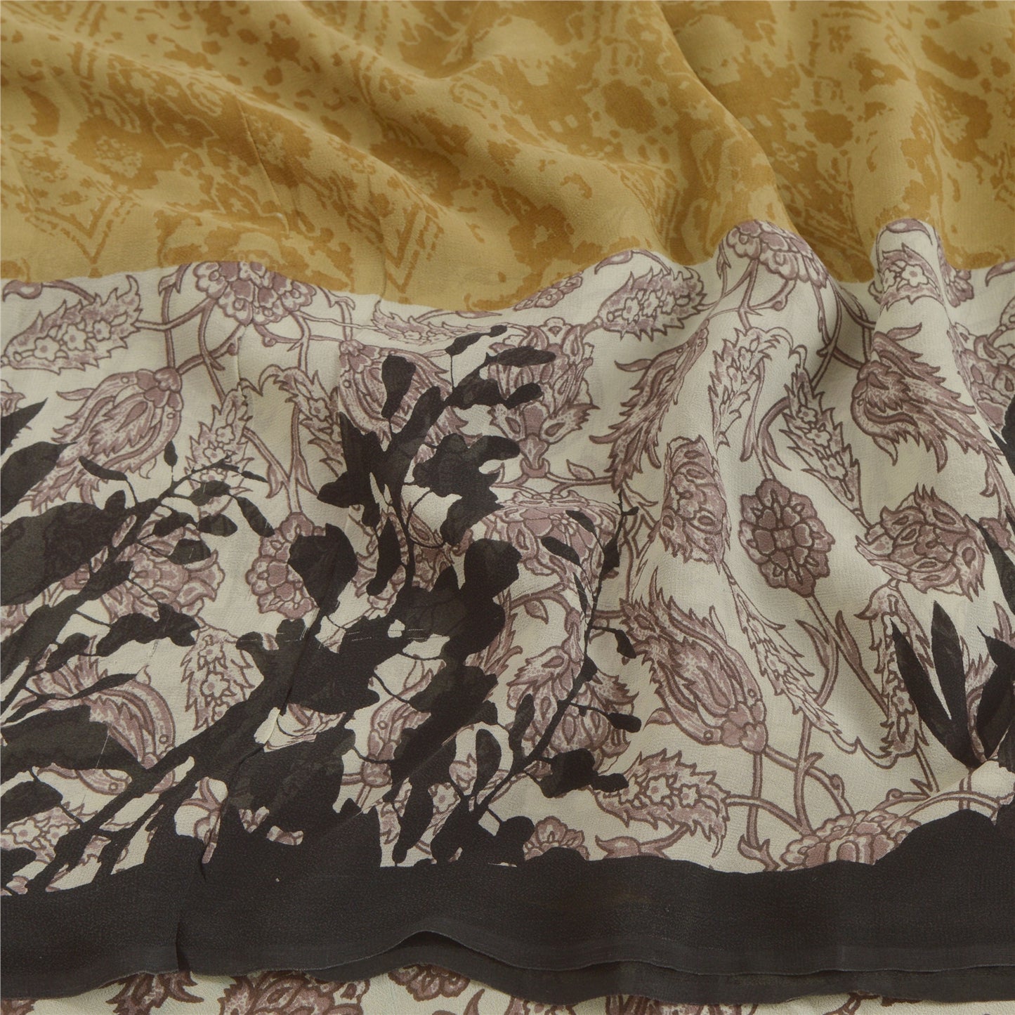 Sanskriti Vintage Sarees Green Printed Sari Pure Georgette Silk 5YD Craft Fabric