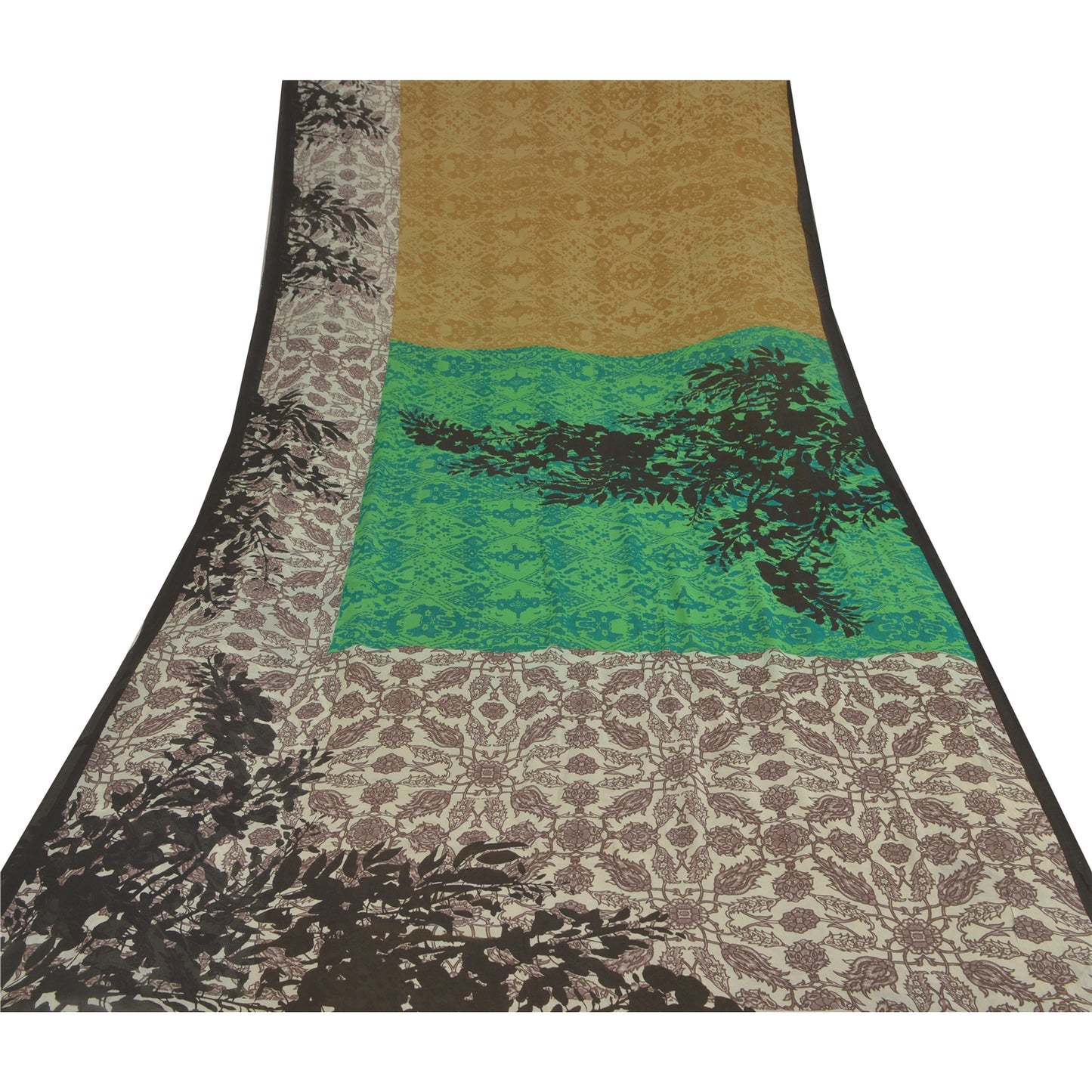 Sanskriti Vintage Sarees Green Printed Sari Pure Georgette Silk 5YD Craft Fabric