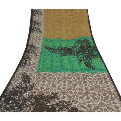 Sanskriti Vintage Sarees Green Printed Sari Pure Georgette Silk 5YD Craft Fabric