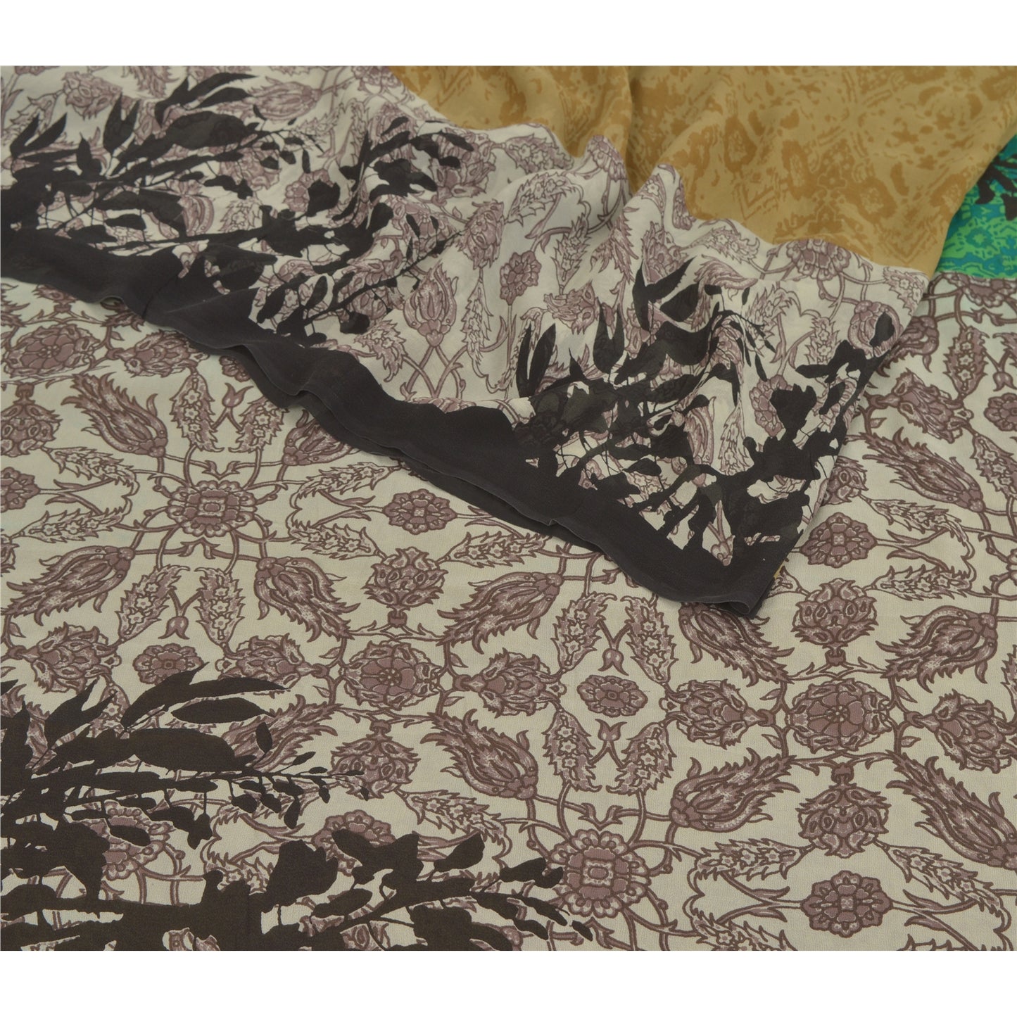 Sanskriti Vintage Sarees Green Printed Sari Pure Georgette Silk 5YD Craft Fabric
