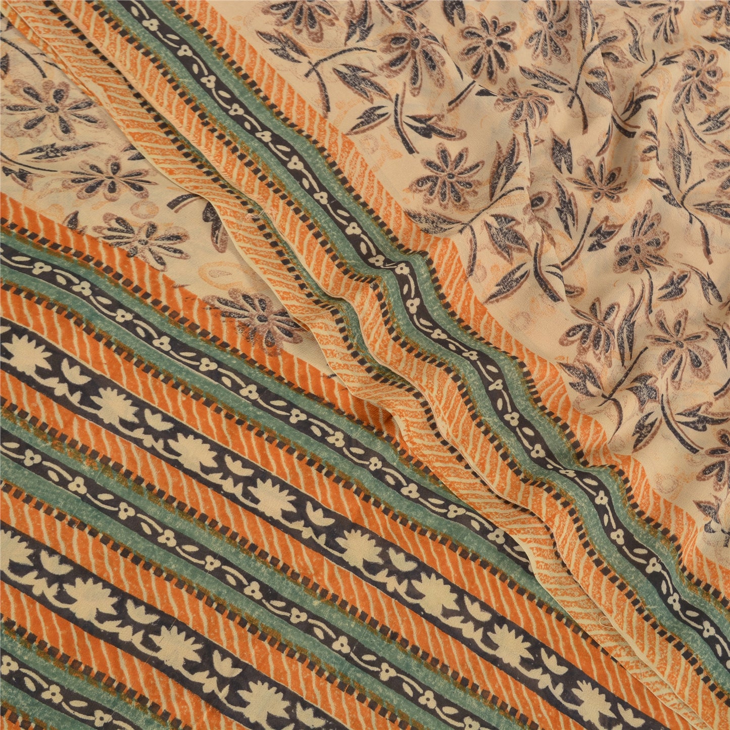 Sanskriti Vintage Beige Sarees Pure Georgette Silk Printed Sari 5YD Craft Fabric