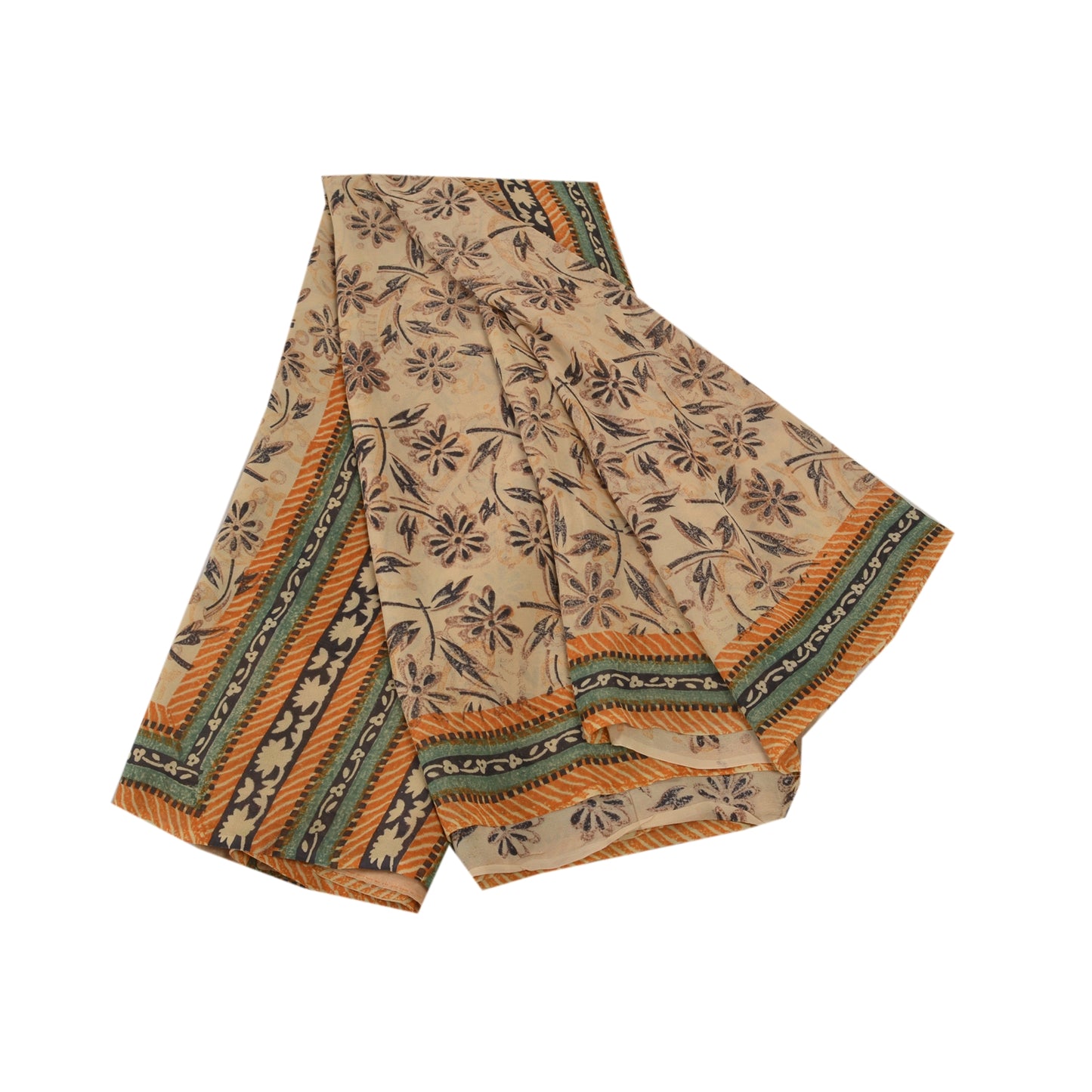 Sanskriti Vintage Beige Sarees Pure Georgette Silk Printed Sari 5YD Craft Fabric