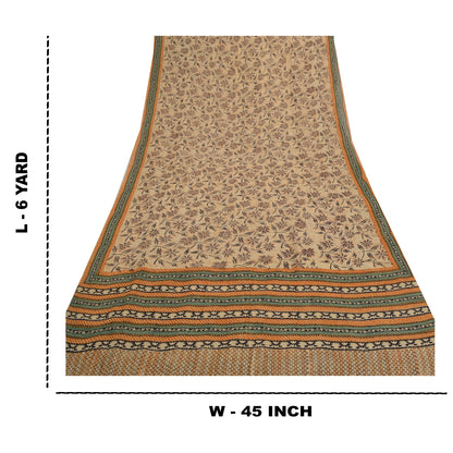 Sanskriti Vintage Beige Sarees Pure Georgette Silk Printed Sari 5YD Craft Fabric