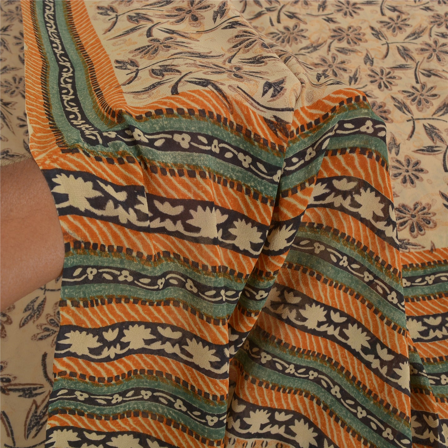Sanskriti Vintage Beige Sarees Pure Georgette Silk Printed Sari 5YD Craft Fabric
