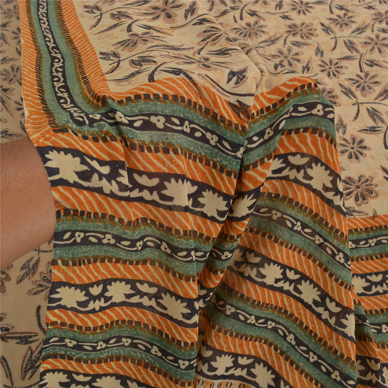 Sanskriti Vintage Beige Sarees Pure Georgette Silk Printed Sari 5YD Craft Fabric
