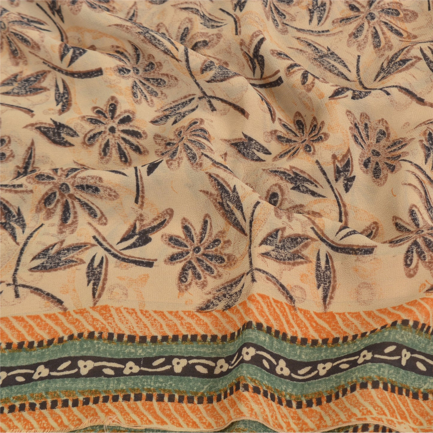 Sanskriti Vintage Beige Sarees Pure Georgette Silk Printed Sari 5YD Craft Fabric