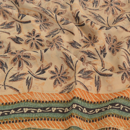 Sanskriti Vintage Beige Sarees Pure Georgette Silk Printed Sari 5YD Craft Fabric