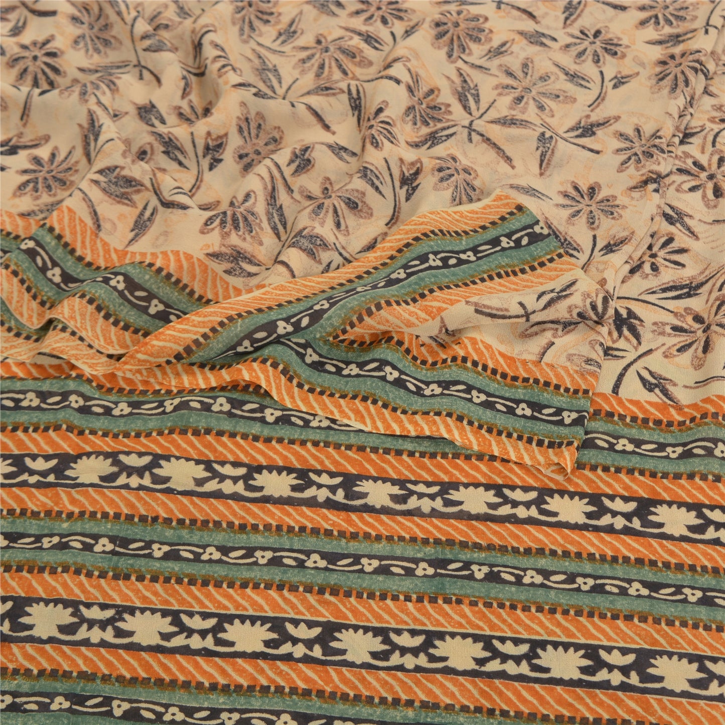 Sanskriti Vintage Beige Sarees Pure Georgette Silk Printed Sari 5YD Craft Fabric